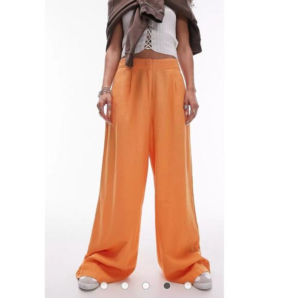 ASOS Wide Leg Pants High Rise Side Pockets Linen Blend Orange Women's US 10 NWT - Picture 7 of 11